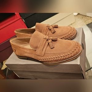 New H by Hudson Guilder men's suede woven tassel loafers in tan